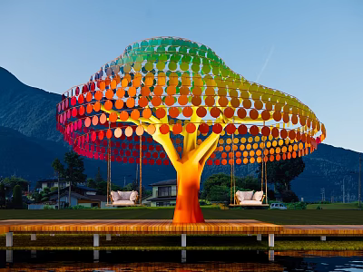 Vibrant Rainbow Colored Tree Sculpture With Circular Discs Near Lake And Mountains 3d model