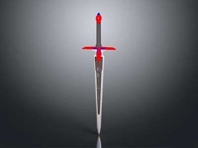Decorative Sword With Red Blue Cross Guard And Silver Sharp Blade 3d model