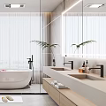 Modern Bathroom Interior With Glass Shower Freestanding Bathtub Double Vanity Wooden Cabinets And Plants