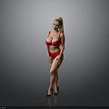 Blonde Woman in Red Lingerie Standing Against Gray Background with High Heels