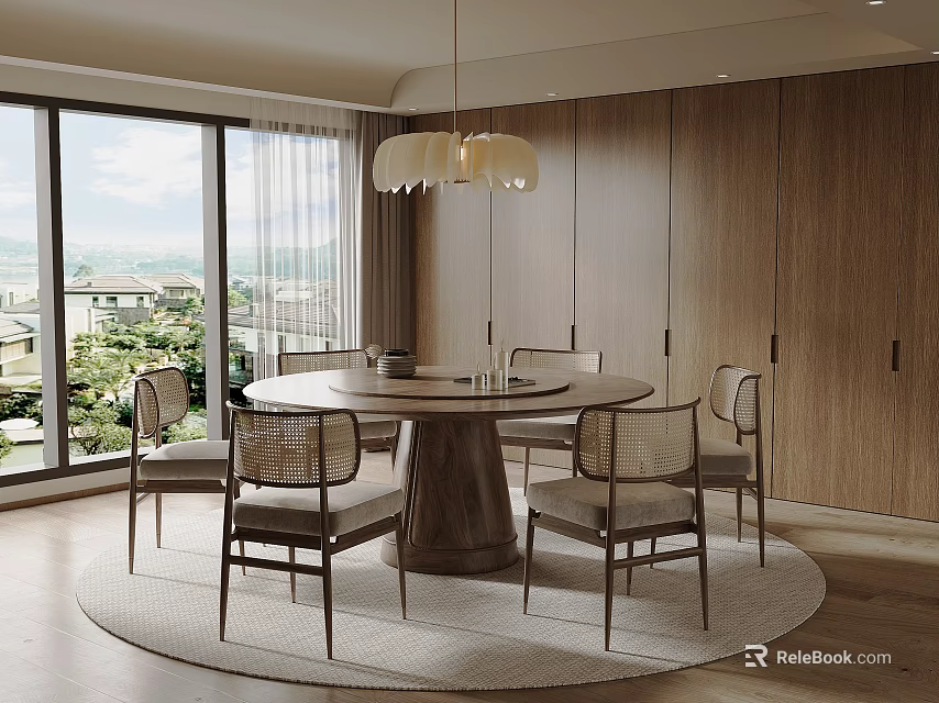 Modern Round Dining Table Set With Chairs Wooden Walls Large Windows And Pendant Light 3d model 