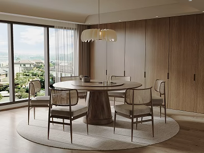 Modern Round Dining Table Set With Chairs Wooden Walls Large Windows And Pendant Light 3d model