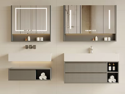 Modern Bathroom Vanity With Framed Mirror Storage Cabinet Countertop Towels And Toiletries 3d model