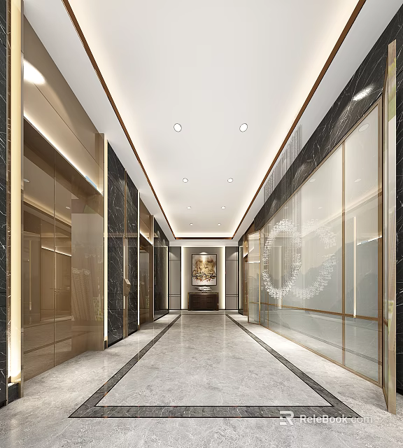 Modern Elevator Lobby Interior Design With Marble Walls Ceiling Lights And Decorative Painting 3d model