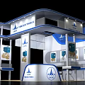 CASIC Exhibition Booth With Blue And White Design Company Logo And Displayed Equipment