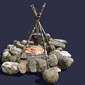 Outdoor Garden Feature With Stone Circle Fire Pit And Wooden Frame Hanging Metal Buckets