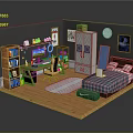 Cozy Bedroom Study Interior With Bookshelf Desk Computer Wardrobe Bed Rug And Wooden Floor