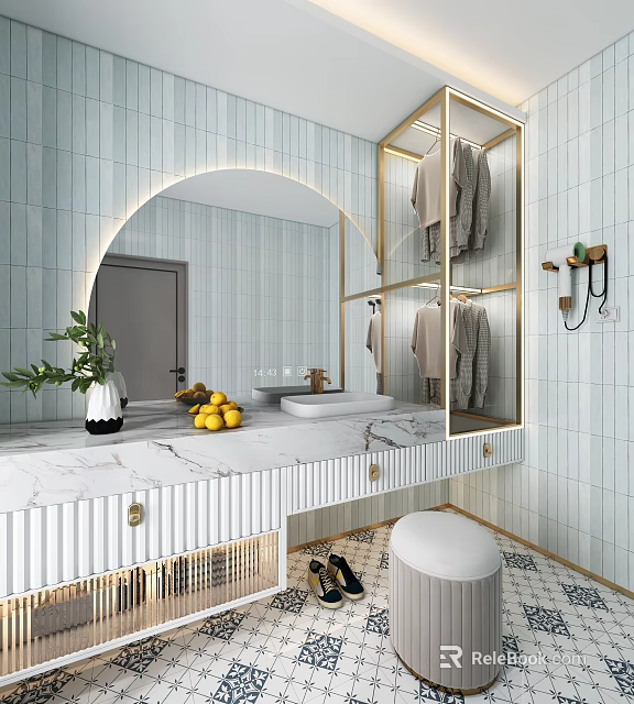Elegant Modern Bathroom Vanity With Marble Countertop Gold Mirror And Potted Plant 3d model 