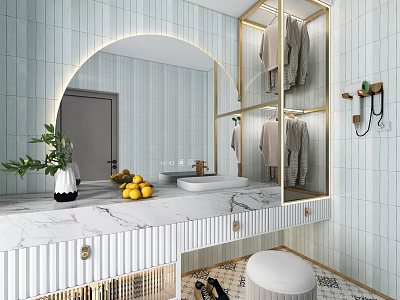 Elegant Modern Bathroom Vanity With Marble Countertop Gold Mirror And Potted Plant 3d model