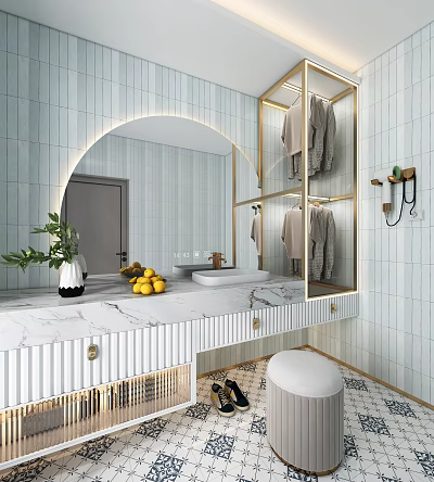 Elegant Modern Bathroom Vanity With Marble Countertop Gold Mirror And Potted Plant 3d model