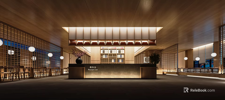 Elegant Luxury Restaurant Interior With Marble Counter And Wooden Ceiling Lighting Design 3d model 