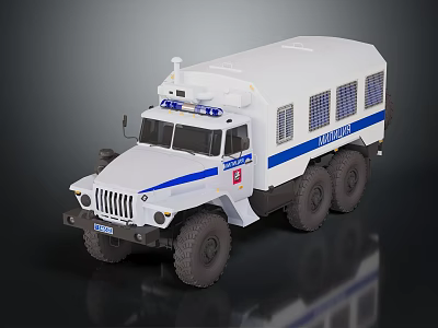 White Functional Emergency Vehicle With Blue Stripes Roof Lights And Off Road Tires 3d model