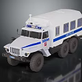 White Functional Emergency Vehicle With Blue Stripes Roof Lights And Off Road Tires