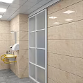 Public Restroom Interior With Tiled Walls Mirror Toilet Sink Yellow Grab Bars And Glass Partition