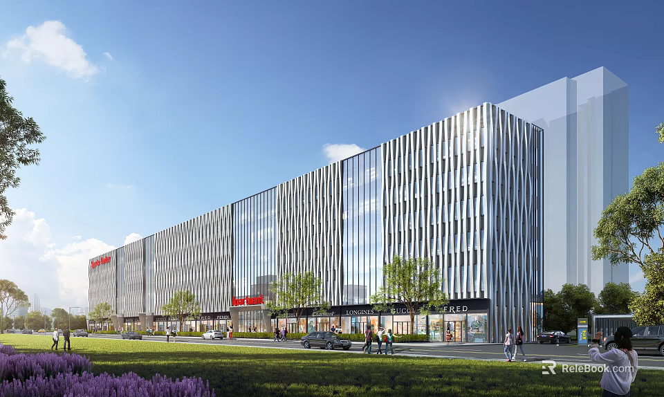 Modern Commercial Complex With Glass Facade Metal Stripe Design Landscaped Greenery Purple Flowers And Pedestrians 3d model 
