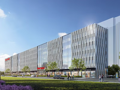Modern Commercial Complex With Glass Facade Metal Stripe Design Landscaped Greenery Purple Flowers And Pedestrians 3d model