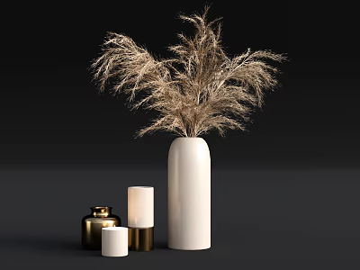 Ornamental Decor Set with White Vase Dried Pampas Grass Gold Candle Holders and White Candles 3d model