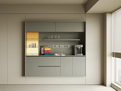 Modern Gray Sideboard In Kitchen Interior With Coffee Machine Cups And Storage Boxes 3d model