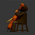 3D Character Model Playing Cello Sitting On Wooden Chair