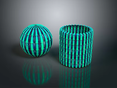 Turquoise And Blue Striped Spherical And Cylindrical Decorative Objects On Dark Reflective Surface 3d model