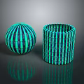 Turquoise And Blue Striped Spherical And Cylindrical Decorative Objects On Dark Reflective Surface