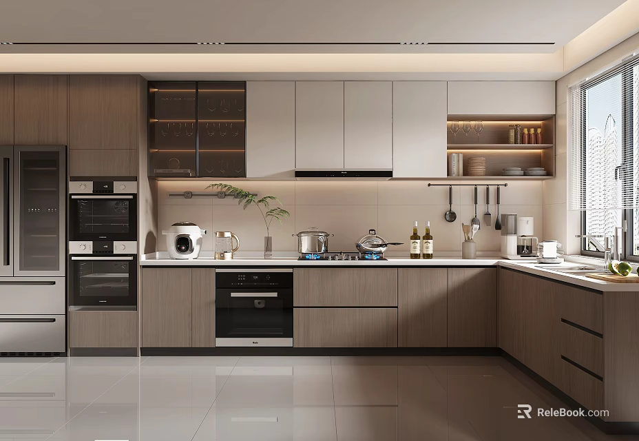 Modern Kitchen Interior Design With Island Counter Cabinets And Stainless Steel Appliances 3d model 