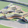 Modern School Building With Green Roofs Connected Structures And Adjacent Sports Field