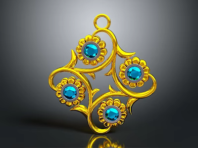 Golden Pendant Fashion Accessory With Blue Gemstones And Intricate Floral Design 3d model