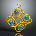 Golden Pendant Fashion Accessory With Blue Gemstones And Intricate Floral Design