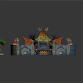 Colorful Castle Style Building With Circular Layout Red Roofs Towers Green Lawn And Palm Trees