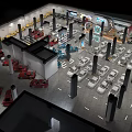 Modern Showroom Interior With Red LOGO Wall Reception Wooden Walls Marble Floor And Car Models