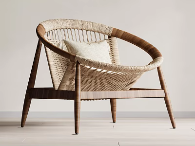 Natural Style Wicker Leisure Chair with Wooden Frame and Cozy Cushion Design 3d model