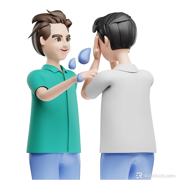 Cartoon Characters Interacting With Green And White Shirts Blue Pants And Water Droplets 3d model 
