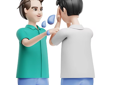 Cartoon Characters Interacting With Green And White Shirts Blue Pants And Water Droplets 3d model