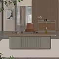Modern Tea Table And Chair With Brown Tabletop White Cabinet Decorations And Wooden Wall Background