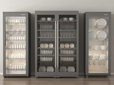 Modern Kitchen Appliances Glass Door Storage Cabinets With Plates Bowls And Glasses 3d model