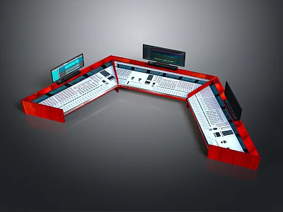 Modern Control Console With Multiple Monitors Control Panels And Red Surface Design 3d model