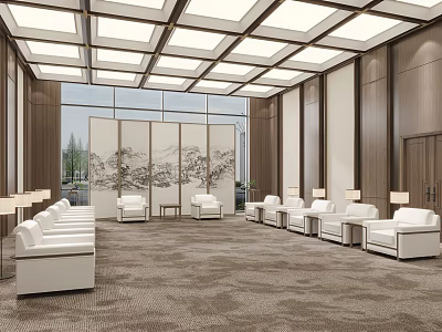 Modern Hotel Public Lounge Area With White Sofas Wooden Walls Large Windows And Art Screen 3d model