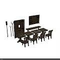 Rustic Wooden Dining Set With Long Table Chairs And Bench For Home 3d model