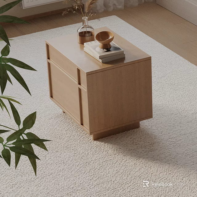 Modern Light Wood Nightstand With Glass Bottle Wooden Bowl And Green Plant On Rug 3d model 