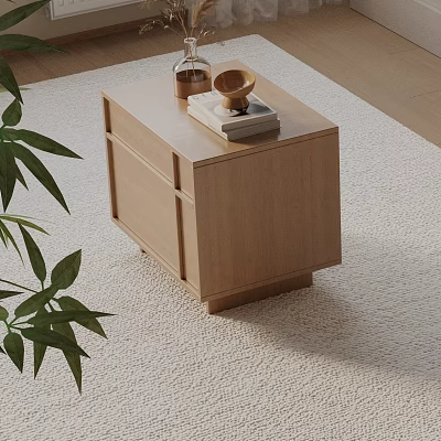 Modern Light Wood Nightstand With Glass Bottle Wooden Bowl And Green Plant On Rug 3d model