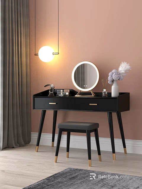 Black Dressing Table With Round Mirror Vase Purple Flowers White Feathers Cosmetics And Gray Stool 3d model 