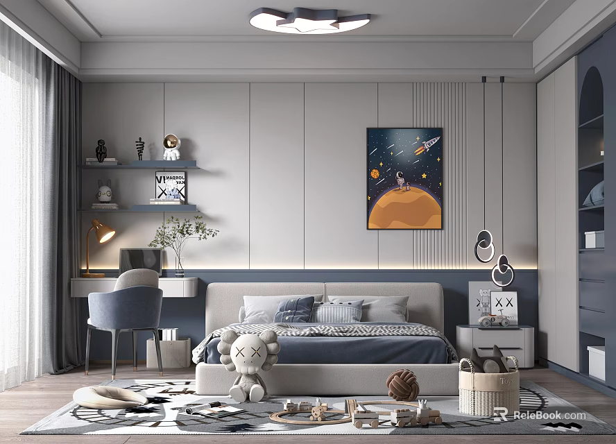 Kids Room Interior With Space Themed Wall Art Bed Stuffed Toy Desk And Shelves 3d model 