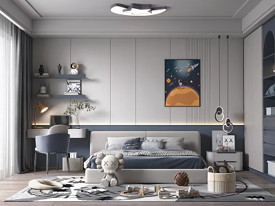 Kids Room Interior With Space Themed Wall Art Bed Stuffed Toy Desk And Shelves 3d model