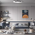 Kids Room Interior With Space Themed Wall Art Bed Stuffed Toy Desk And Shelves