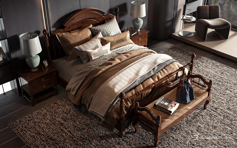 Classic Wooden Double Bed Bedroom With Headboard Nightstands Lamps Rug And Bench 3d model 