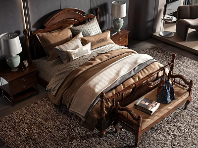 Classic Wooden Double Bed Bedroom With Headboard Nightstands Lamps Rug And Bench 3d model