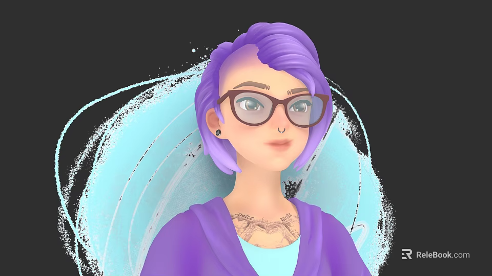 Woman with purple hair wearing glasses neck tattoo in purple hoodie against blue abstract background 3d model 