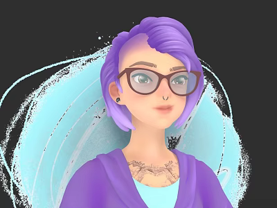 Woman with purple hair wearing glasses neck tattoo in purple hoodie against blue abstract background 3d model