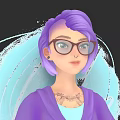 Woman with purple hair wearing glasses neck tattoo in purple hoodie against blue abstract background